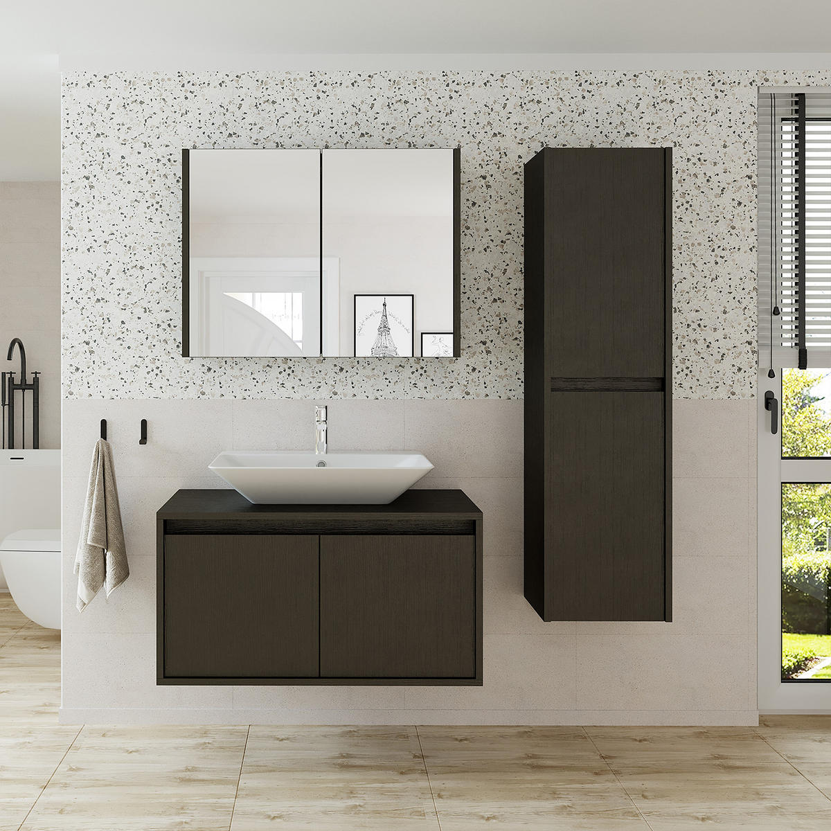 BADMÖBEL Set ATLANTIC-85 4-teilig - Schwarz, Holzwerkstoff (85/150/45cm) - Roomart