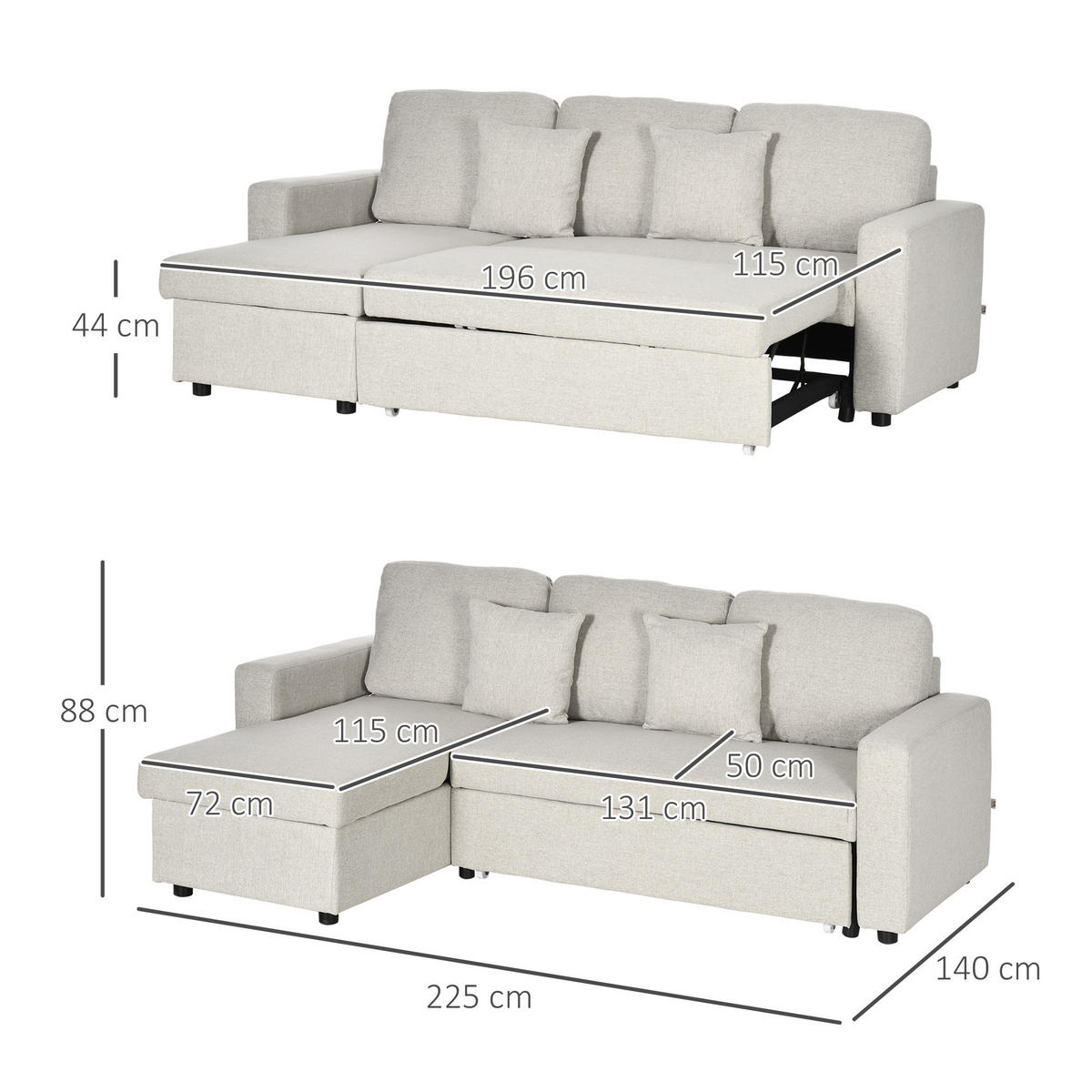 ECKSOFA mit Bettfunktion, Eckcouch inklusive 2er-Sitz Sofa, Einzelbett, L-Form - Weiß, Holzwerkstoff (140/225cm) - HOMCOM