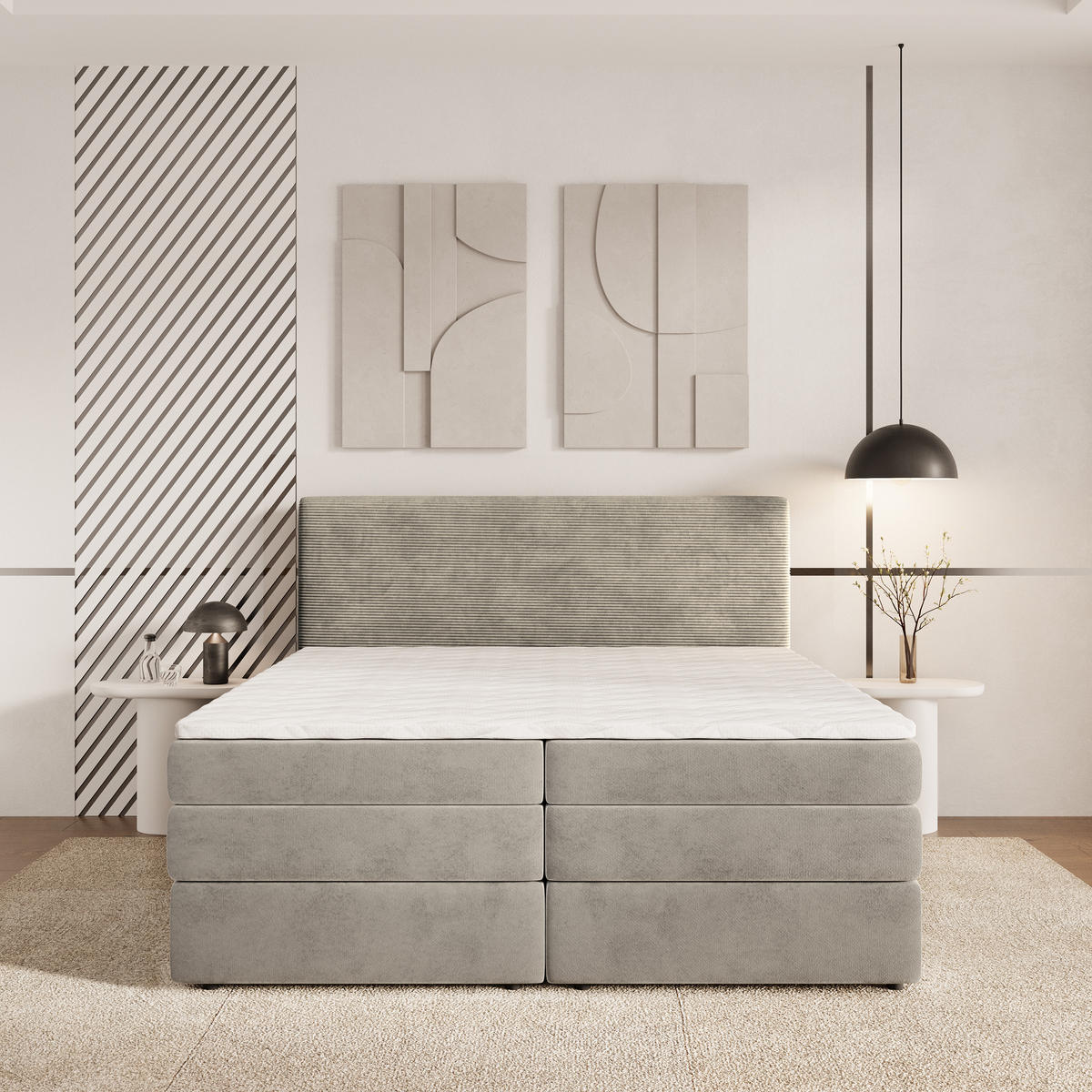 BOXSPRINGBETT MATERN 160x200 cm mit Matratze und Topper - Beige - Beige, Holz (160/200cm) - MASSENO