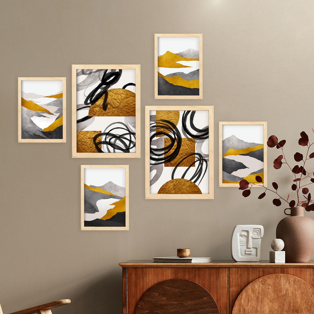POSTER Set Mit 6 Gattung Nature 2 In Kulissen Abstracts Ästhetische Dekorative Gemälde Für Ihr Wohnzimmer Zuhause A3 & A4 Rahmen Aus Hellem Holz - Beige, Papier (29/3cm) - Nacnic