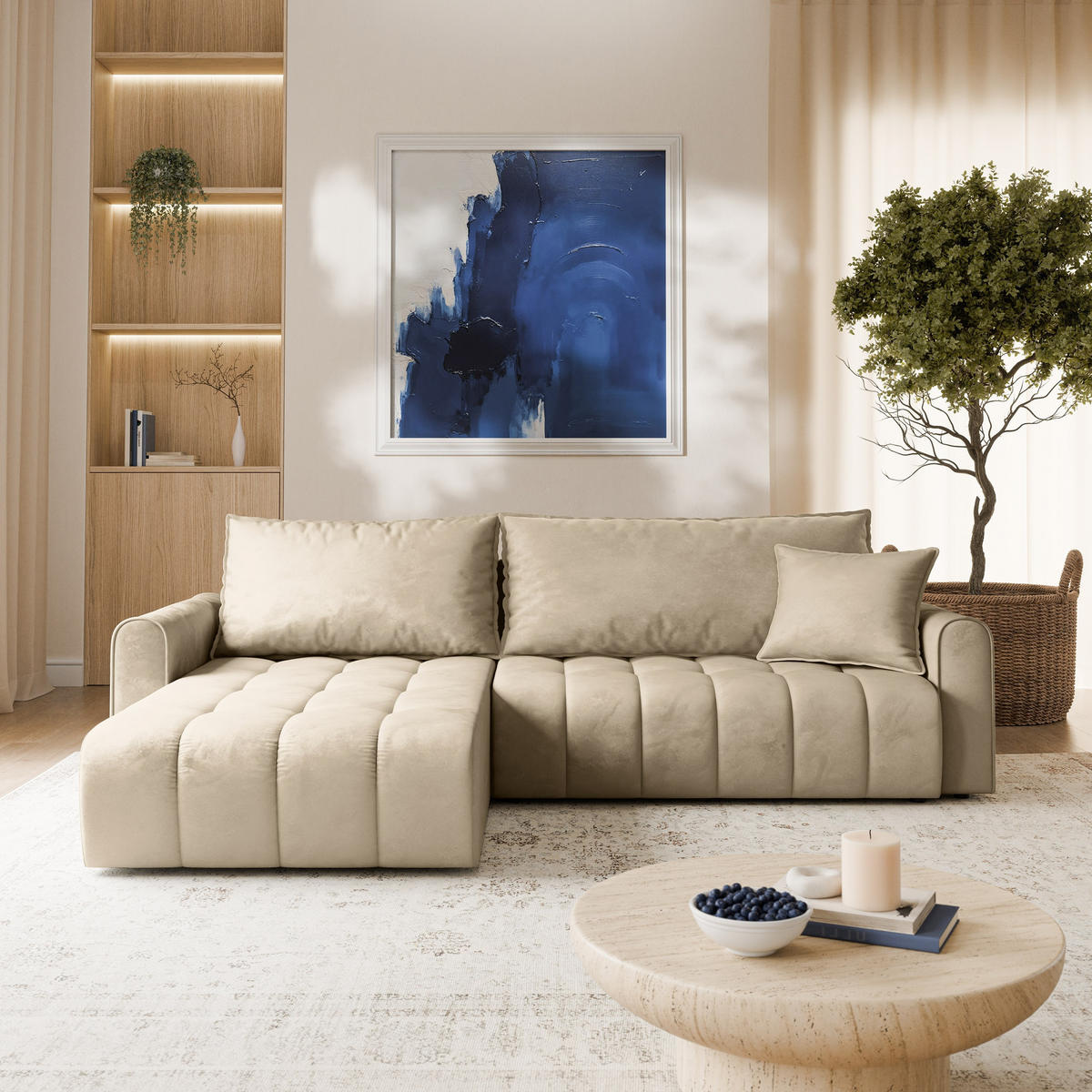 ECKSOFA FRIGA Creme Velours-Stoff mit Schlaffunktion - Creme, Holz (283/185cm) - MASSENO
