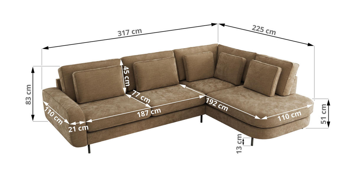 ROHOVÁ SEDAČKA CALENO L - Hnědá Hrubě tkaná žinylka - Pravá Strana - černá/hnědá, kov/textil (317/225cm) - MKS