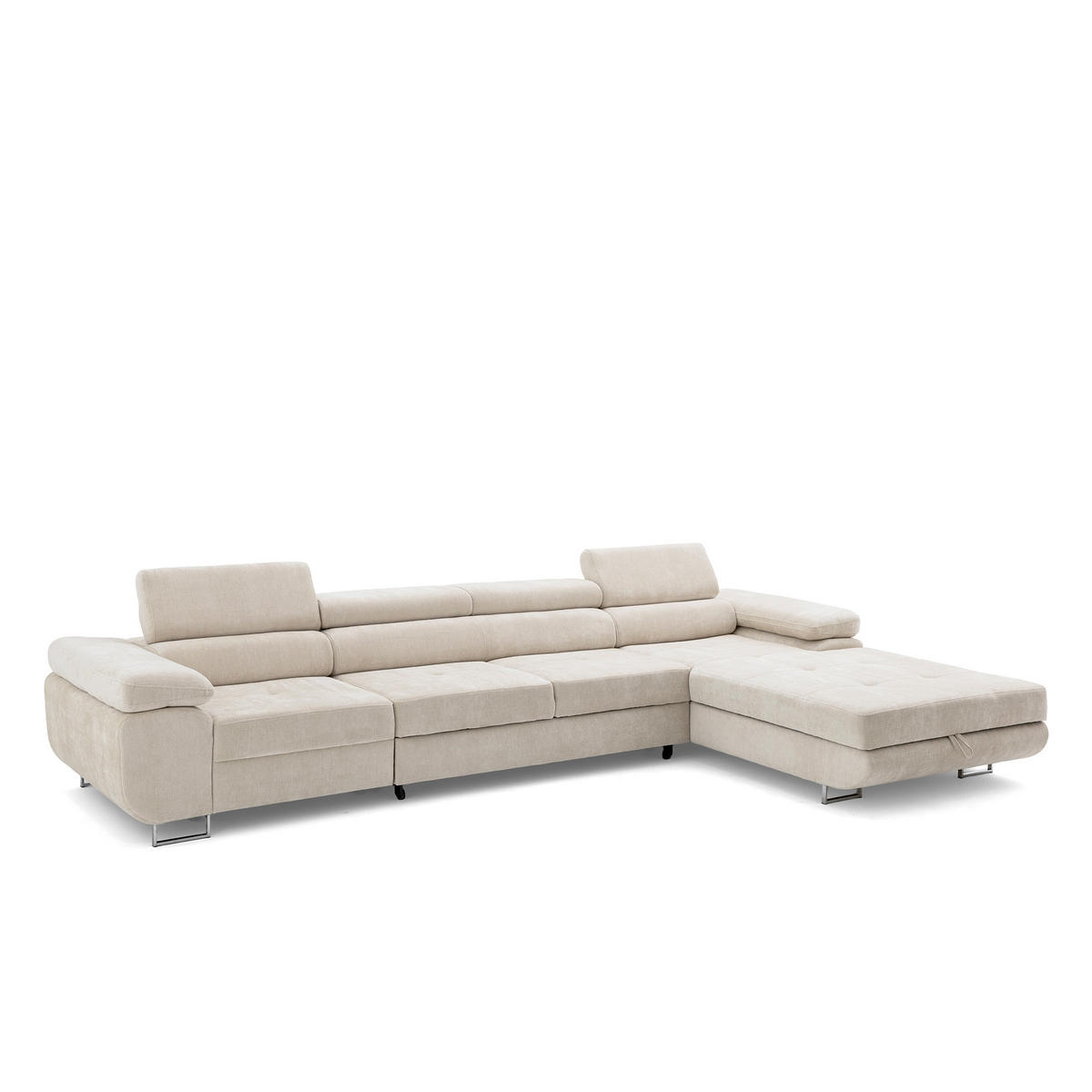 ECKSOFA ALONZO MAXI Rechts mit Schlaffunktion 125x195 Chenille Beige - Chromfarben/Beige, Holz/Textil (350/203cm) - Muffo