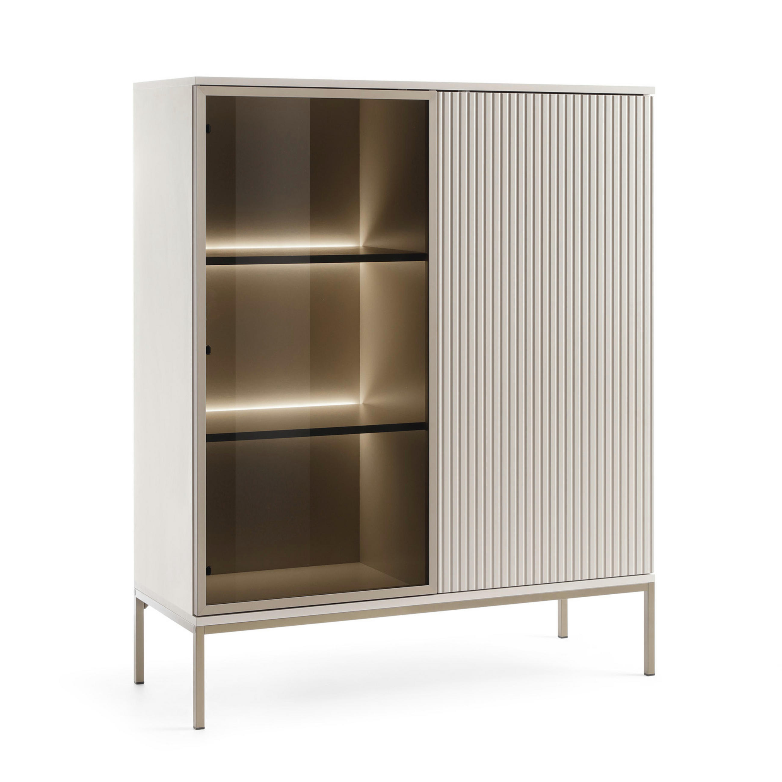 VITRINE Laval WT104 – Kaschmir, mit LED-Beleuchtung - Kaschmir/Eiche Wotan, Glas/Holzwerkstoff (104/126/39cm) - Komodee