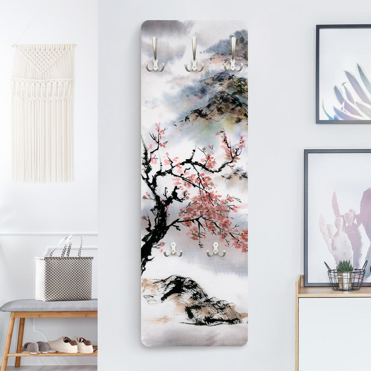 WANDGARDEROBE - Japanische Aquarell Zeichnung Kirschbaum und Berge 34/105 cm - Grau, Holzwerkstoff (34/105/1.6cm) - Bilderwelten