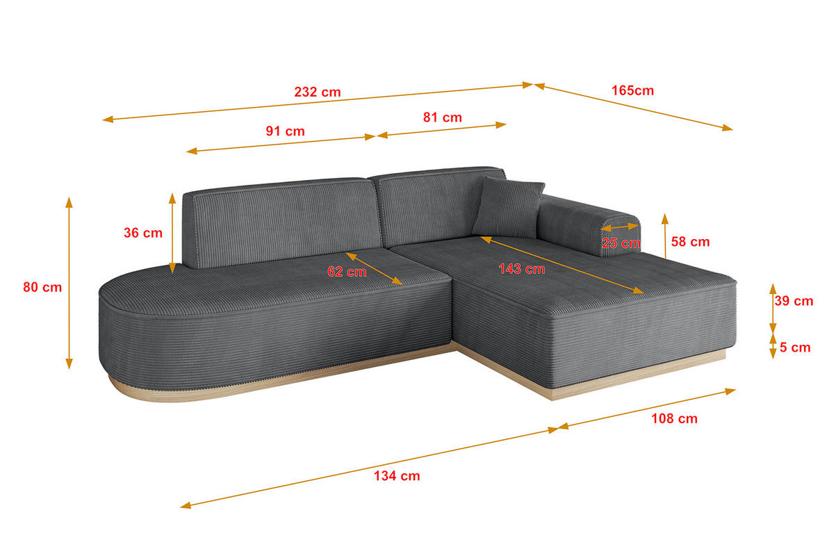 ECKSOFA Ottomane Rechts IREA-L1 - 232x165x80 cm Duneklgrau - Dunkelgrau, Holzwerkstoff/Textil (232/165cm) - ALTDECOR