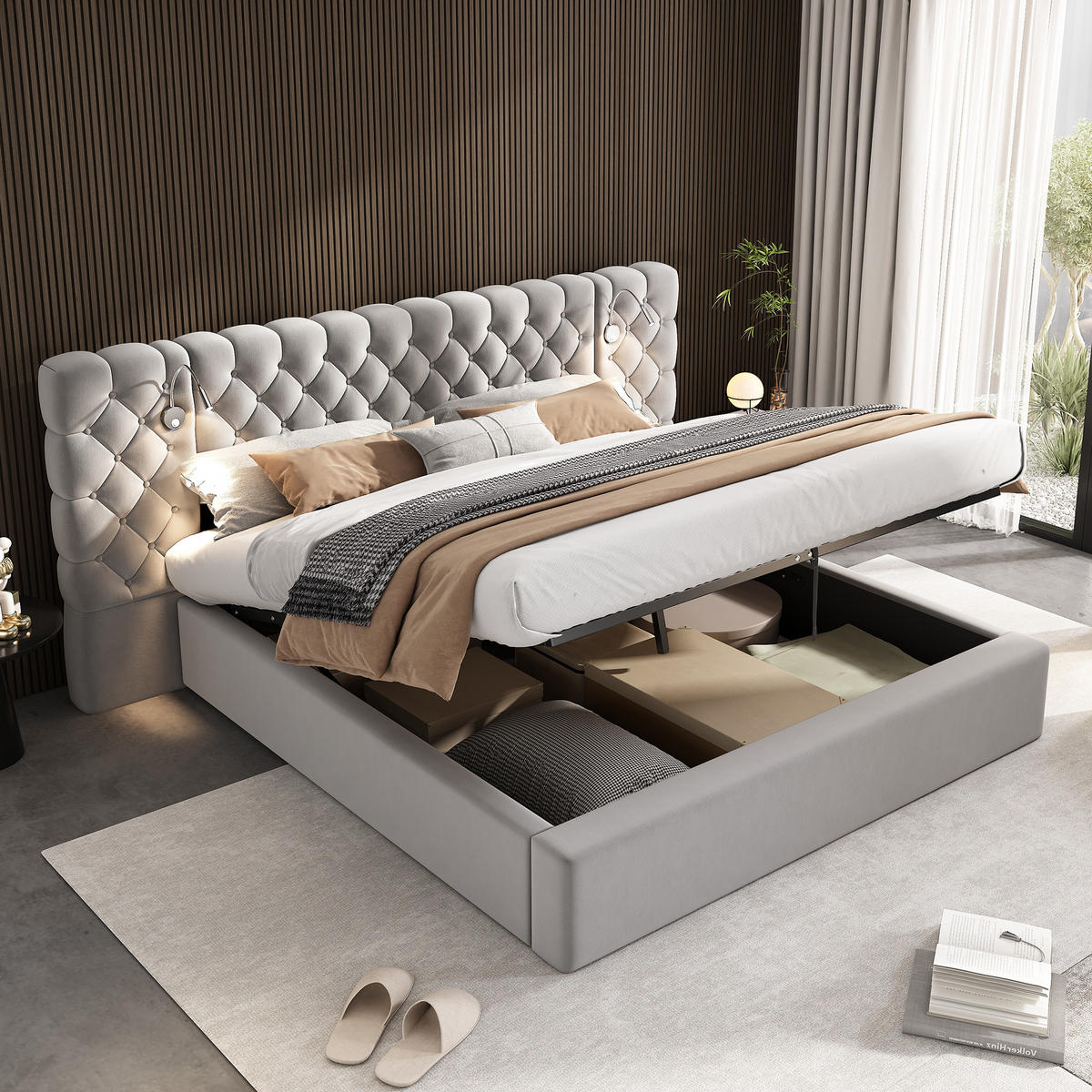 POLSTERBETT 180 x 200 cm in Samt mit LED-Beleuchtung - Grau, Holz/Textil (180/200cm) - KOMHTOM