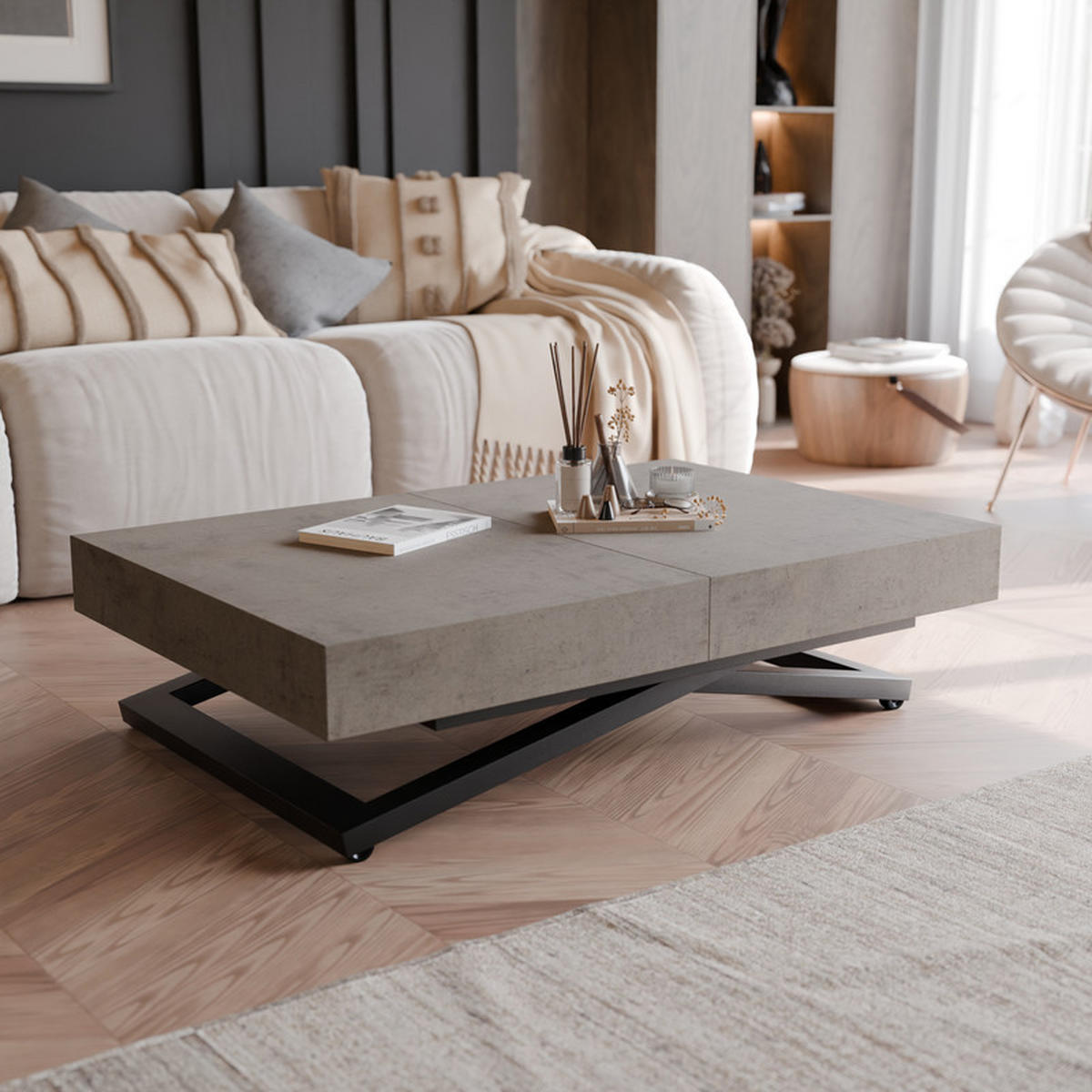 COUCHTISCH SANELLE ausziehbar mit Liftfunktion, 120/80/76 cm Schwarz / Grau - Schwarz/Grau, Holzwerkstoff/Metall (120/80/27cm) - Idohome