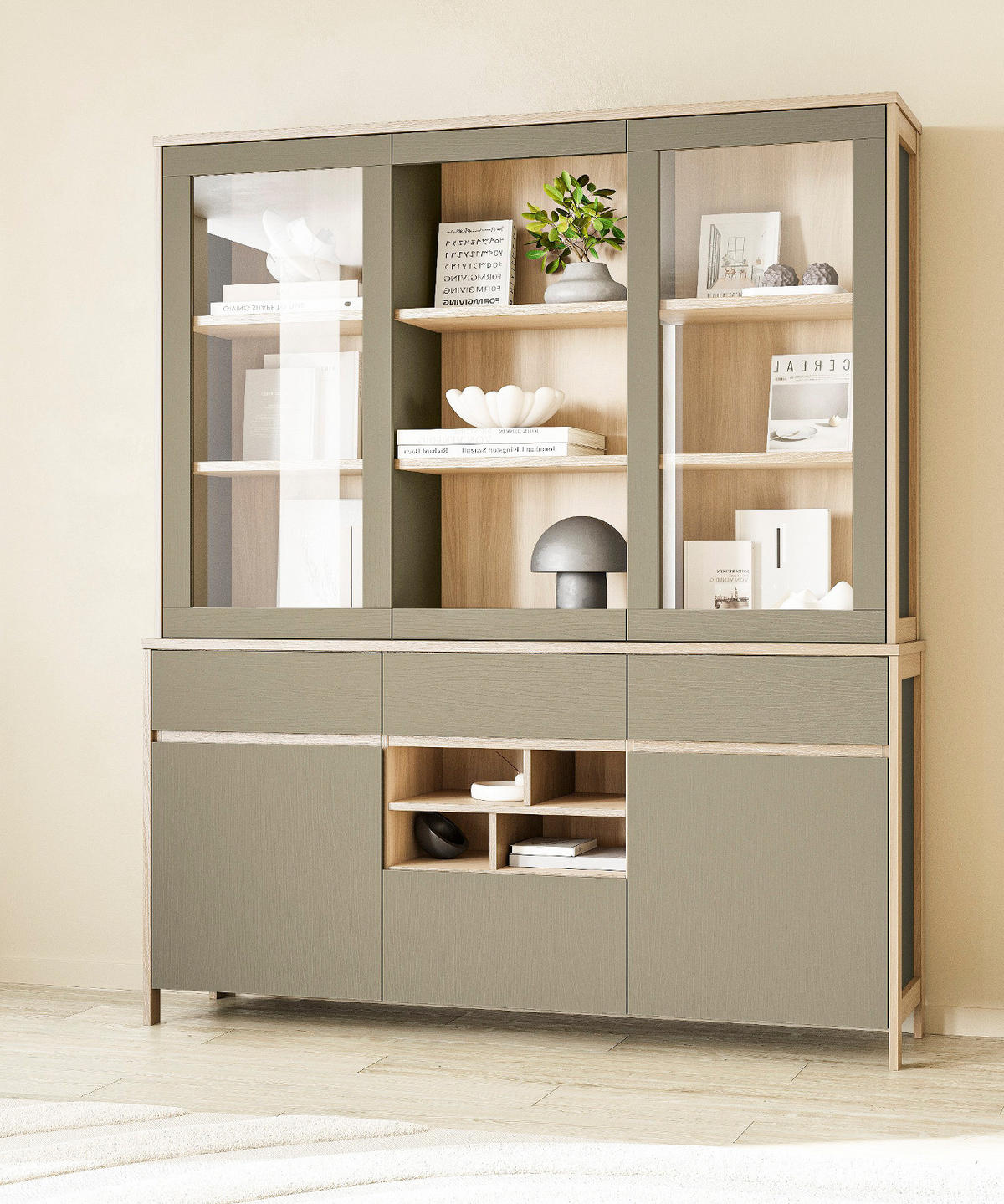 BUFFET Salbei grün, Eiche, Vitrinenschrank skandinavisch 164 x 195 cm, Soft-Close - Salbeigrün/Eichefarben, Glas/Holzwerkstoff (164/195/39cm) - Furn.Design