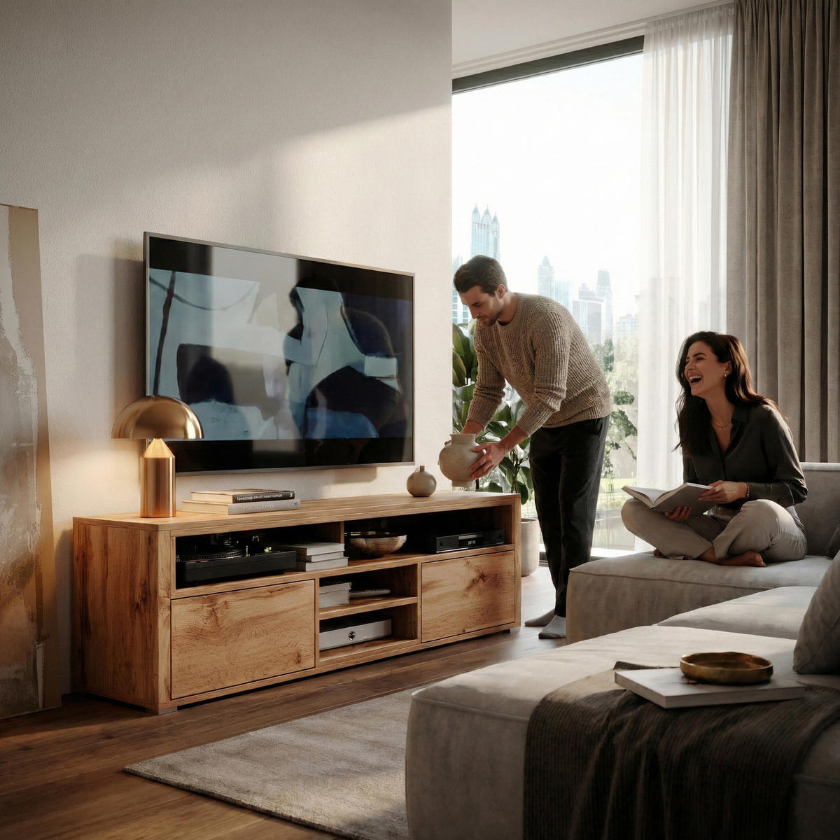 TV-ELEMENT Bella mit 2 Türen und offenem Regal, eiche Wotan - Eichefarben, Holzwerkstoff (137/42.5/33cm) - Beautysofa