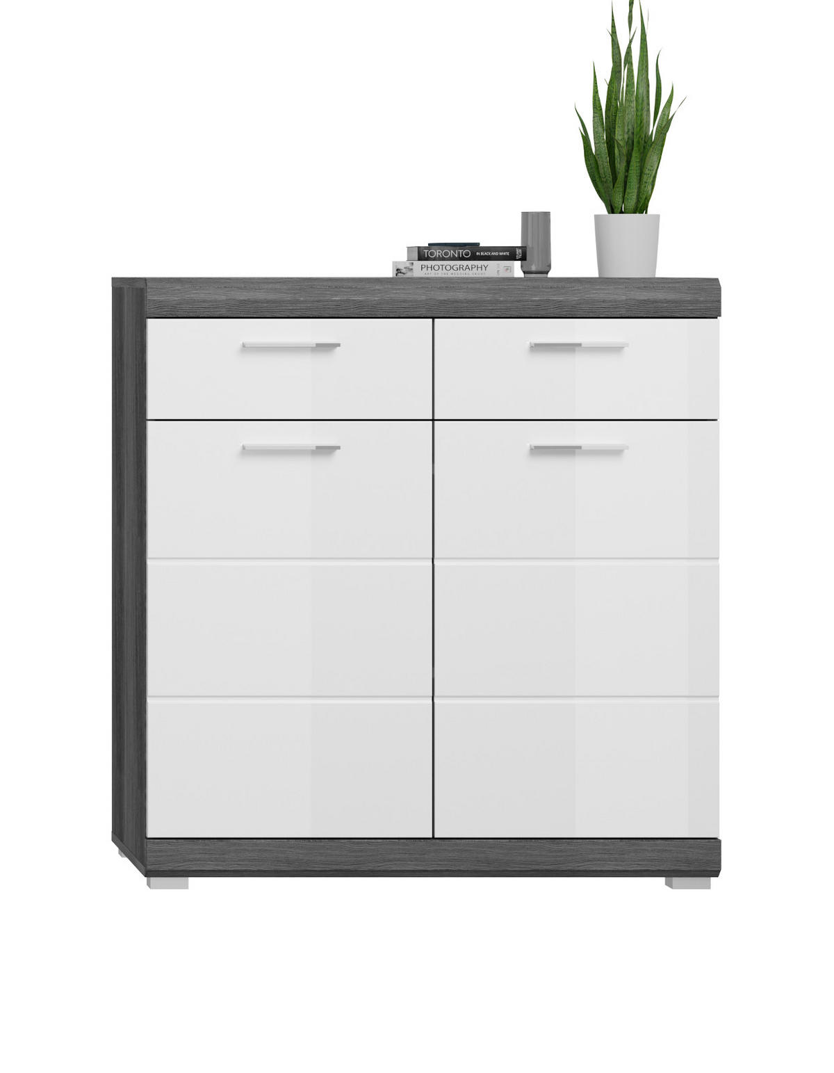 SCHUHSCHRANK weiß Hochglanz, Rauchsilber grau 90 cm, Flur Kommode mit Vollauszug - Chromfarben/Weiß Hochglanz, Holzwerkstoff/Kunststoff (90/96/37cm) - Inn.Furn