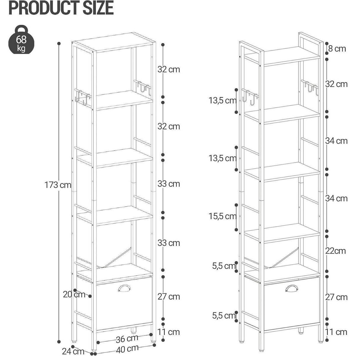 BÜCHERREGAL mit Schublade und Haken 24 x 40 x 173 cm Weißeiche - Weiß, Holzwerkstoff (40/173/24cm)