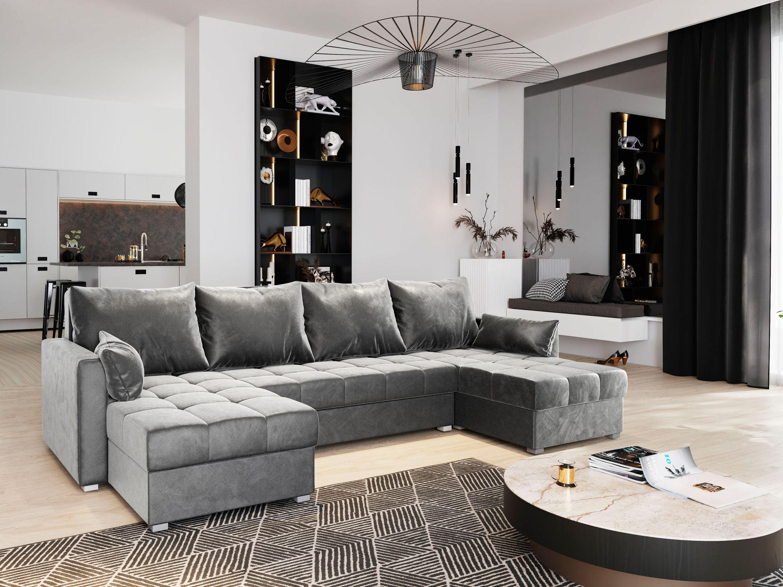 WOHNLANDSCHAFT NAKO Hellgrau Plüsch-Stoff mit Schlaffunktion - Hellgrau, Holz (285/85/140cm) - MASSENO