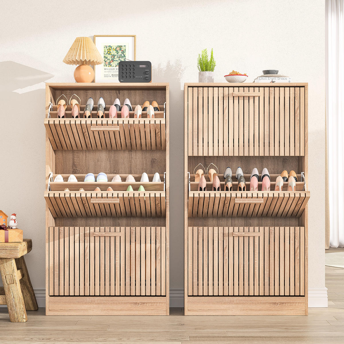 SCHUHSCHRANK 60x24x113 cm 3 Klapptüren Stauraum Holzoptik - Naturfarben, Holz (24/113/60cm) - LEBENLANG