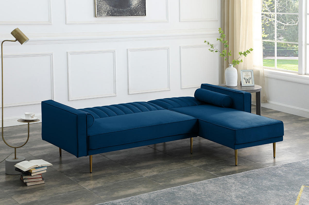 ECKSOFA mit Schlaffunktion - Goldfarben/Blaugrau, Textil/Metall (223/144cm) - home24