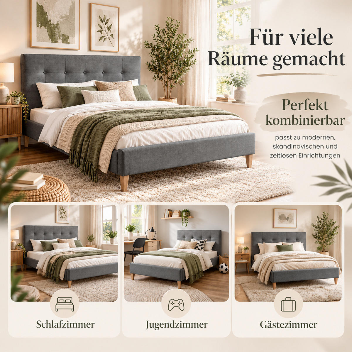 POLSTERBETT mit Lattenrost 180/200 cm in Grau - Grau, Textil (180/200cm) - Homestyle4u