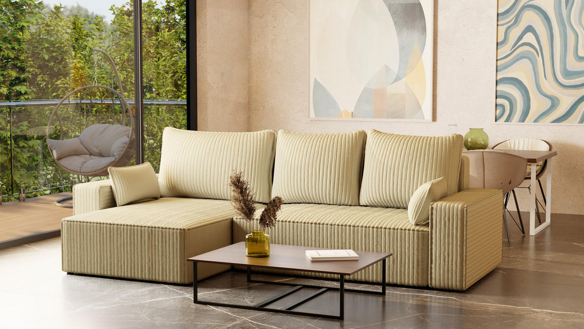 ECKSOFA Tobi mit Bettkasten und Schlaffunktion, L-Form/XL-Form, Cordstoff, Universal - Creme, Holzwerkstoff (276/145cm) - 4ALL HOME