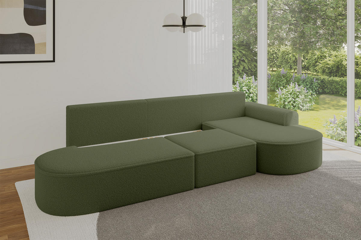 ECKSOFA mit Schlaffunktion Ottomane RECHTS MARI L2-S 368X167X85 Grün Bouclé - Schwarz/Grün, Holzwerkstoff/Kunststoff (167/368cm) - ALTDECOR