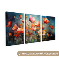 LEINWANDBILD 3er Set Blumen - Bunt - Abstrakt 120x60 cm - Blaugrau, Textil (120/60cm) - MuchoWow