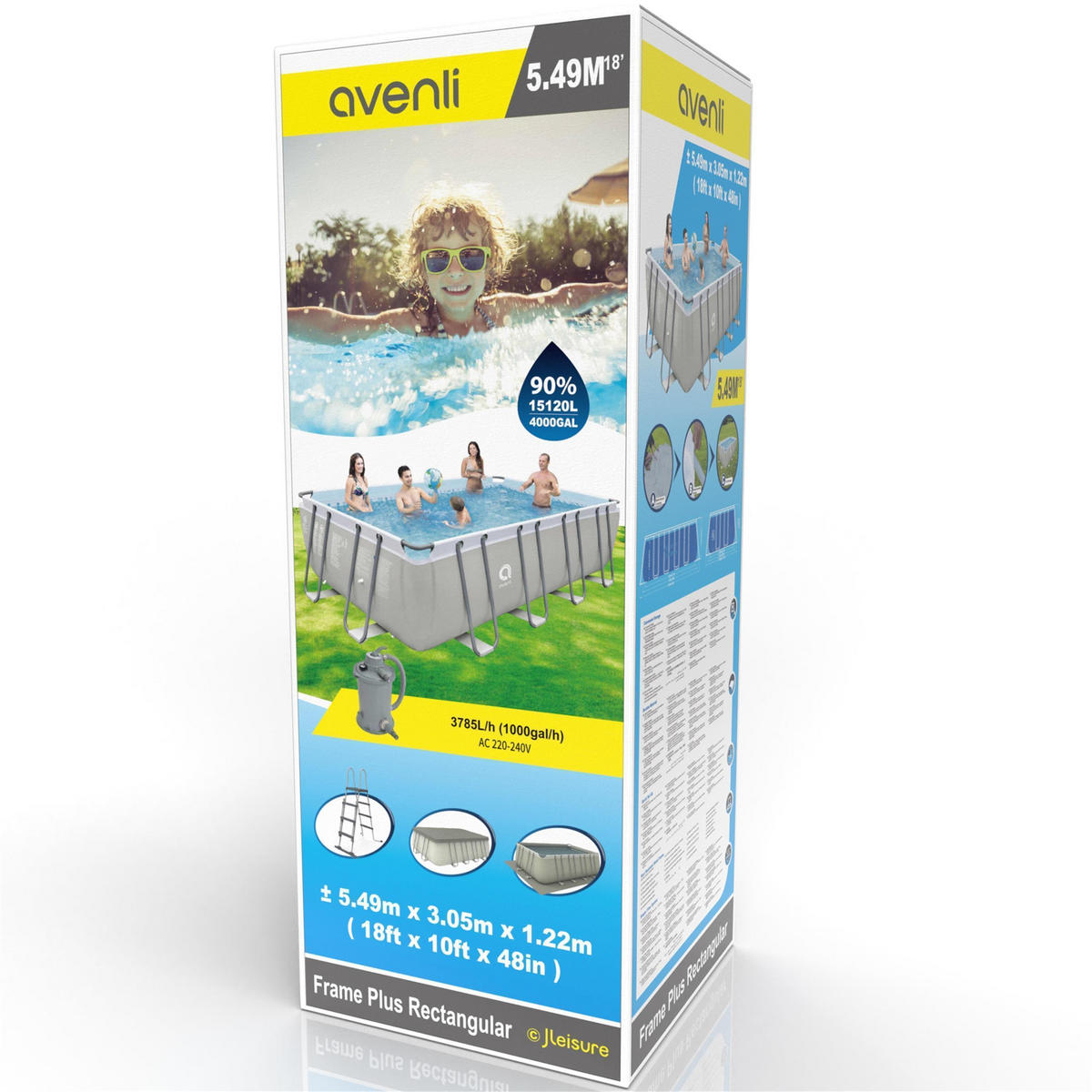 POOL Komplettset rechteckig 549 x 305 x 122 cm grau mit Sandfilter und Leiter - Grau, Kunststoff/Metall (305/122/549cm) - Avenli