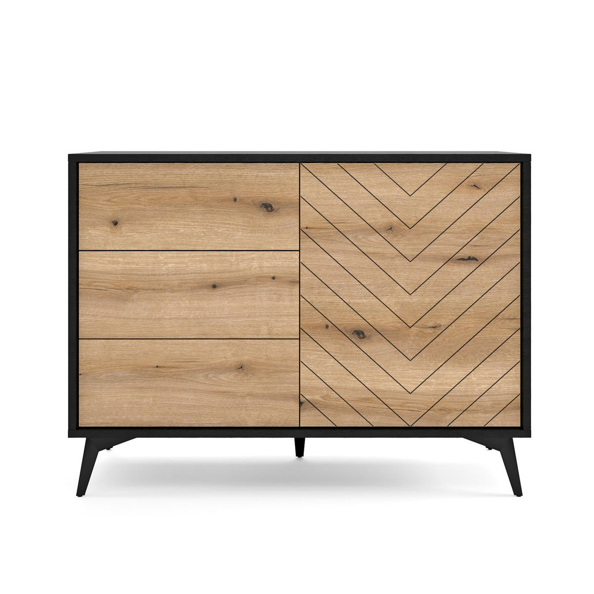 SIDEBOARD Boulia Schwarz mit Fischgrätfronten in Eiche 104 cm - Eichefarben/Schwarz, Holzwerkstoff/Metall (104/77/39cm) - Selsey