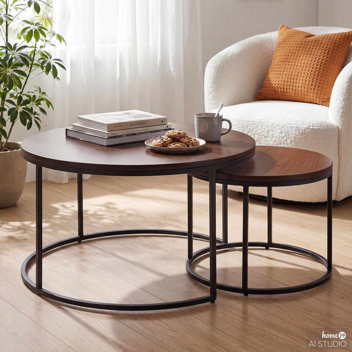 COUCHTISCHSET - 2er-Set - Walnuss / Schwarz - Walnussfarben, Holzwerkstoff/Metall (80/80/45cm) - home24