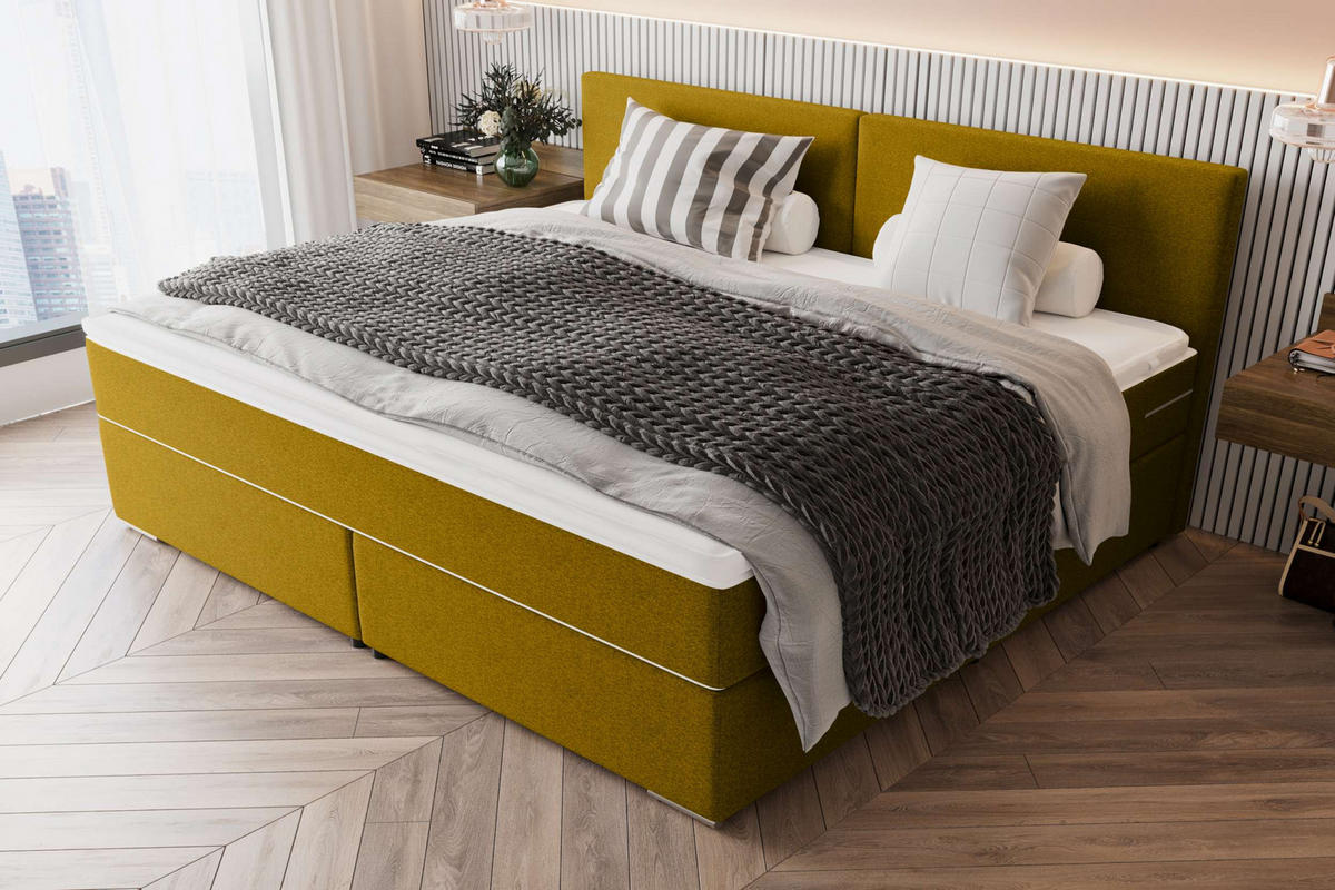 FAMILIENBETT BOXSPRINGBETT Webstoff Gelb 260/200 cm - Chromfarben/Gelb, Kunststoff/Textil (260/200cm) - 99rooms