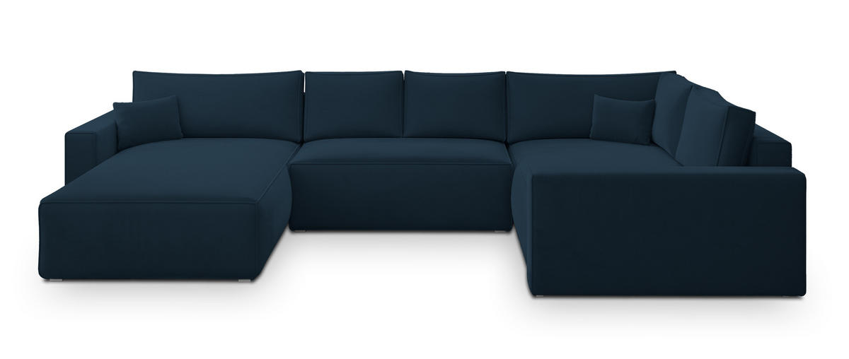 WOHNLANDSCHAFT VELAMI R-S Blau Velours-Stoff mit Schlaffunktion - Blau, Holz (365/83/194cm) - MASSENO