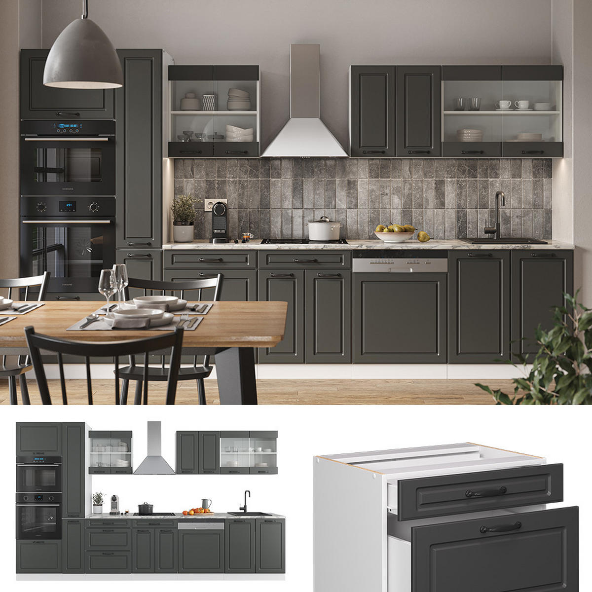 KÜCHENZEILE R-Line Anthrazit Landhaus/Weiß 350 cm mit Hochschrank AP Anthrazit - Anthrazit/Weiß, Holzwerkstoff (350/81.6/60cm) - Vicco
