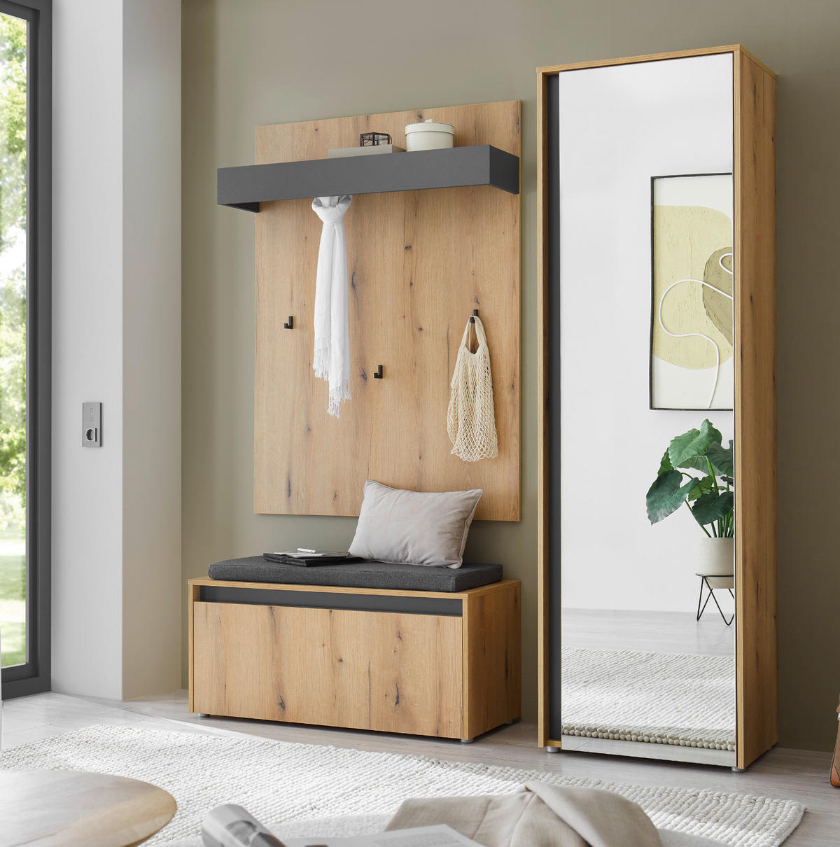 GARDEROBEN-SET Evoke Eiche, grau 100 cm 3-teilig, Garderobenkombination mit Sitzkissen - Eichefarben/Schwarz, Holzwerkstoff/Kunststoff (100/200/40cm) - Furn.Design