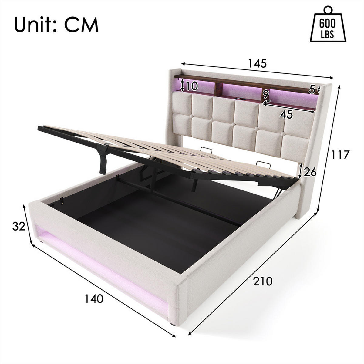 POLSTERBETT 140/200 cm in Linen mit USB - Beige, Holz/Textil (140/200cm) - KOMHTOM