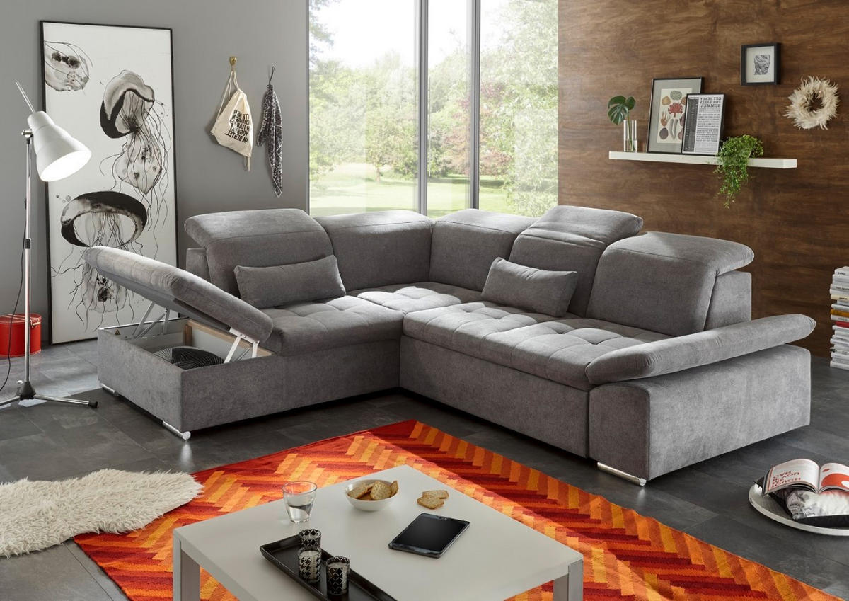 ECKSOFA mit Schlaffunktion mit Bettkasten und verstellbaren Kopf- und Rückenlehnen - Chromfarben/Dunkelgrau, Textil (276/240cm) - ed exciting design