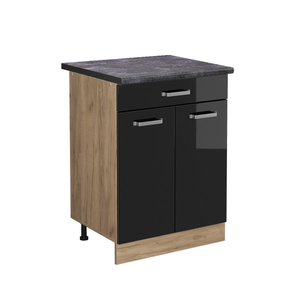 KÜCHENUNTERSCHRANK R-Line Schwarz Hochglanz 60 cm mit Schublade AP Anthrazit - Schwarz Hochglanz/Eiche Wotan, Holzwerkstoff (60/81.6/60cm) - Vicco