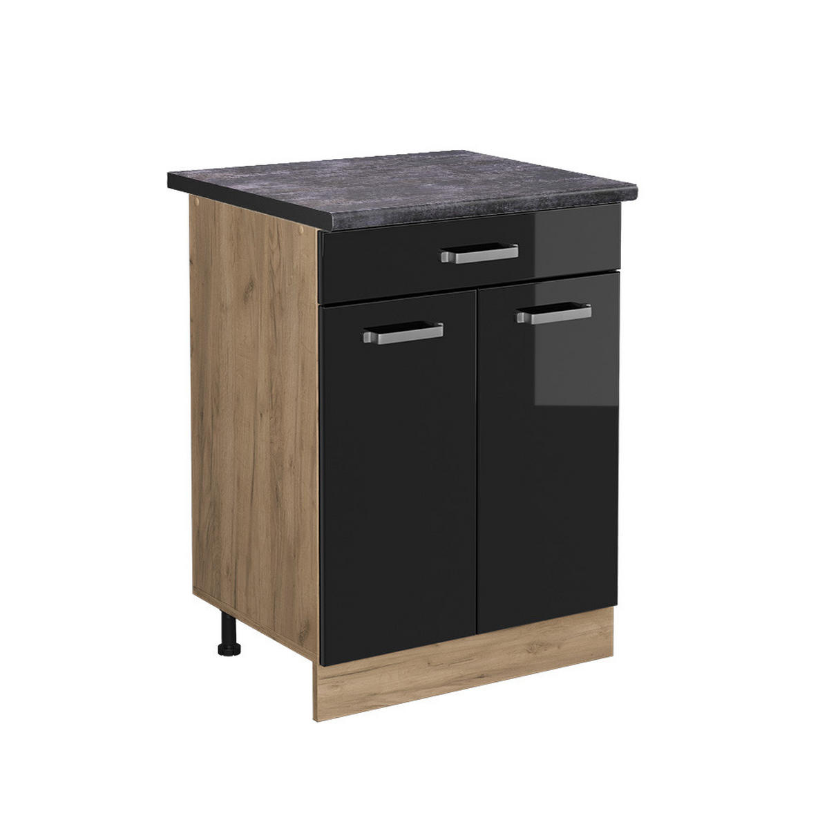 KÜCHENUNTERSCHRANK R-Line Schwarz Hochglanz 60 cm mit Schublade AP Anthrazit - Schwarz Hochglanz/Eiche Wotan, Holzwerkstoff (60/81.6/60cm) - Vicco