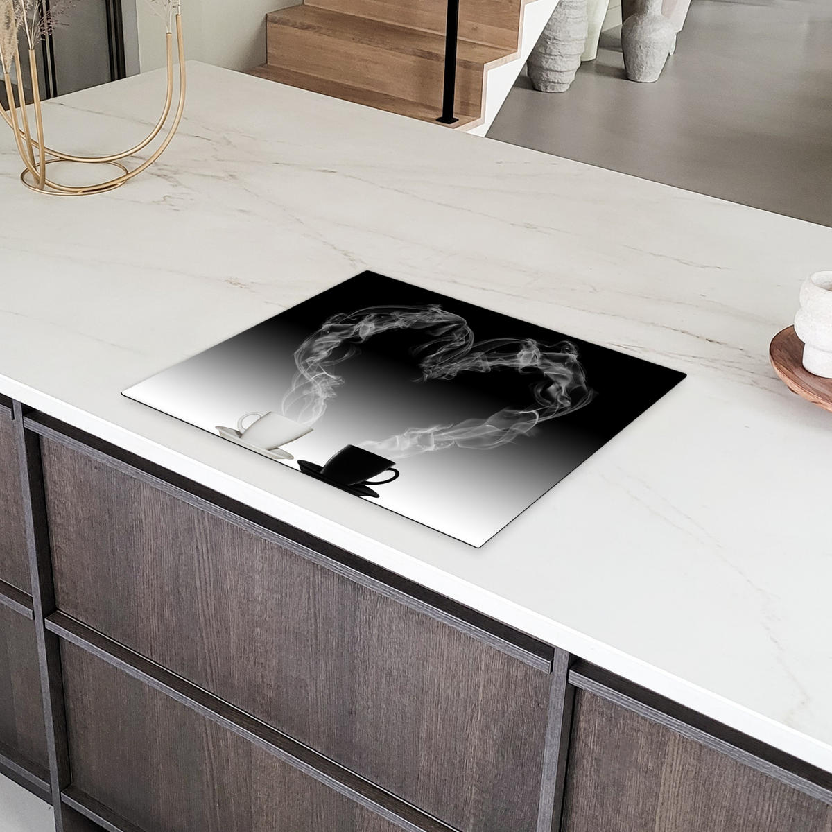 HERDABDECKPLATTE Kaffee - Herz - Schwarz und weiß - Tassen 65x52 cm - Weiß, Kunststoff (65/0.2/52cm) - MuchoWow