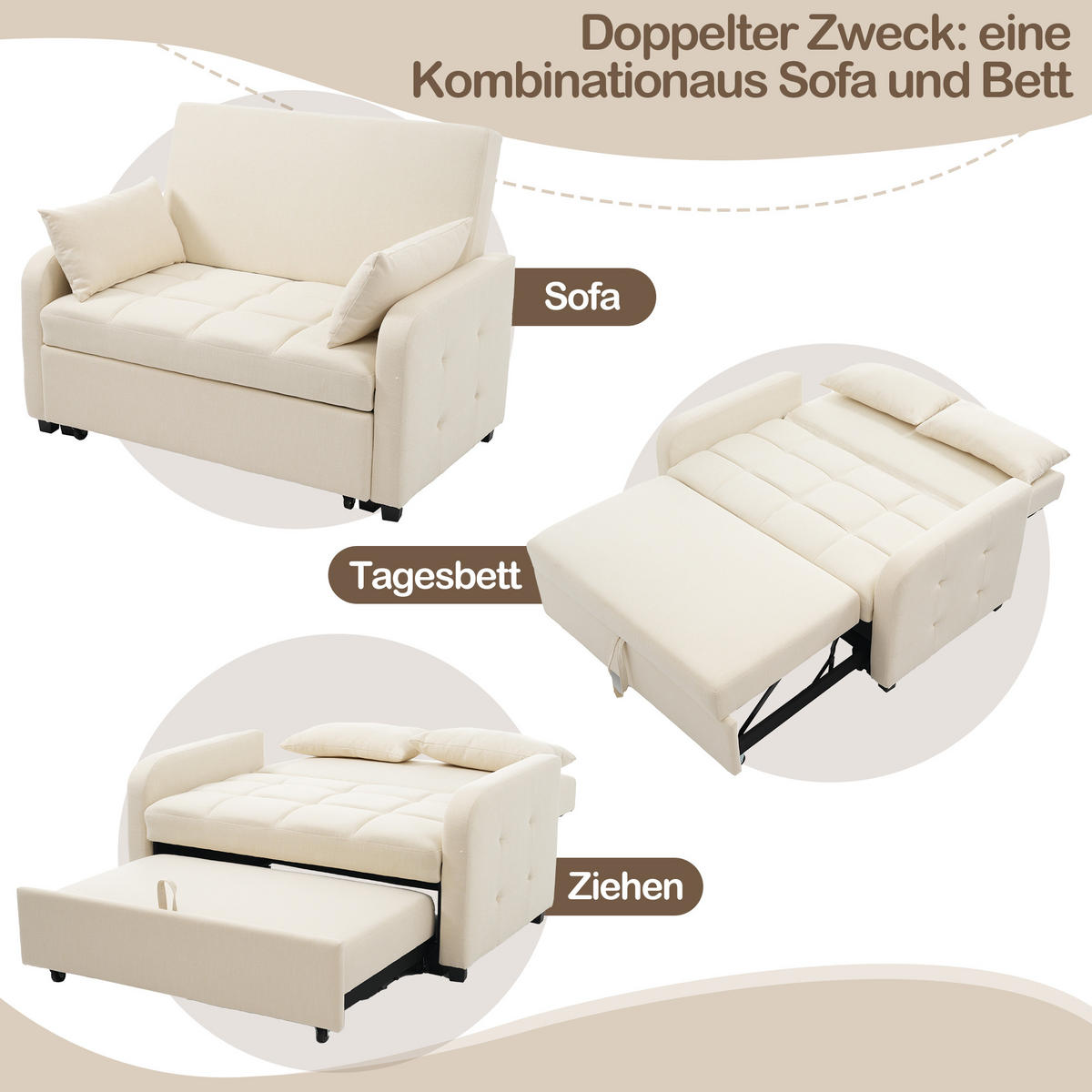 SOFA Klappsofabett Verstellbarer Rücken Multifunktional Kleinwohnung 180x127cm - Beige, Holz (109.22/16.51/57.15cm) - FLIEKS