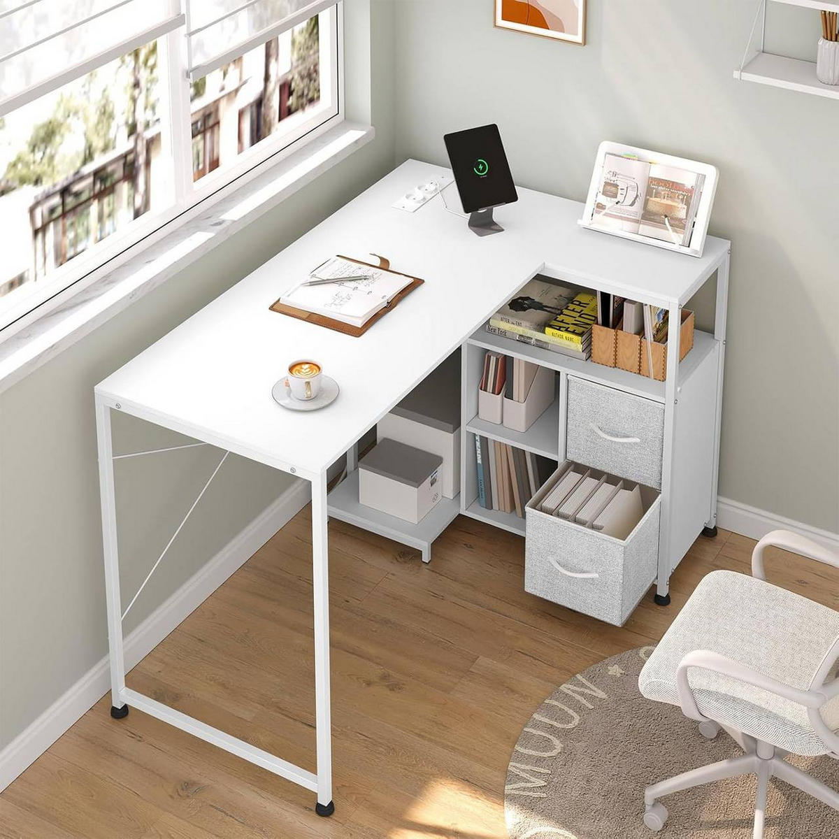 ECKSCHREIBTISCH L-Form, mit Steckdosen, Weiß - Weiß, Holzwerkstoff/Textil (80/120/76cm) - Woltu