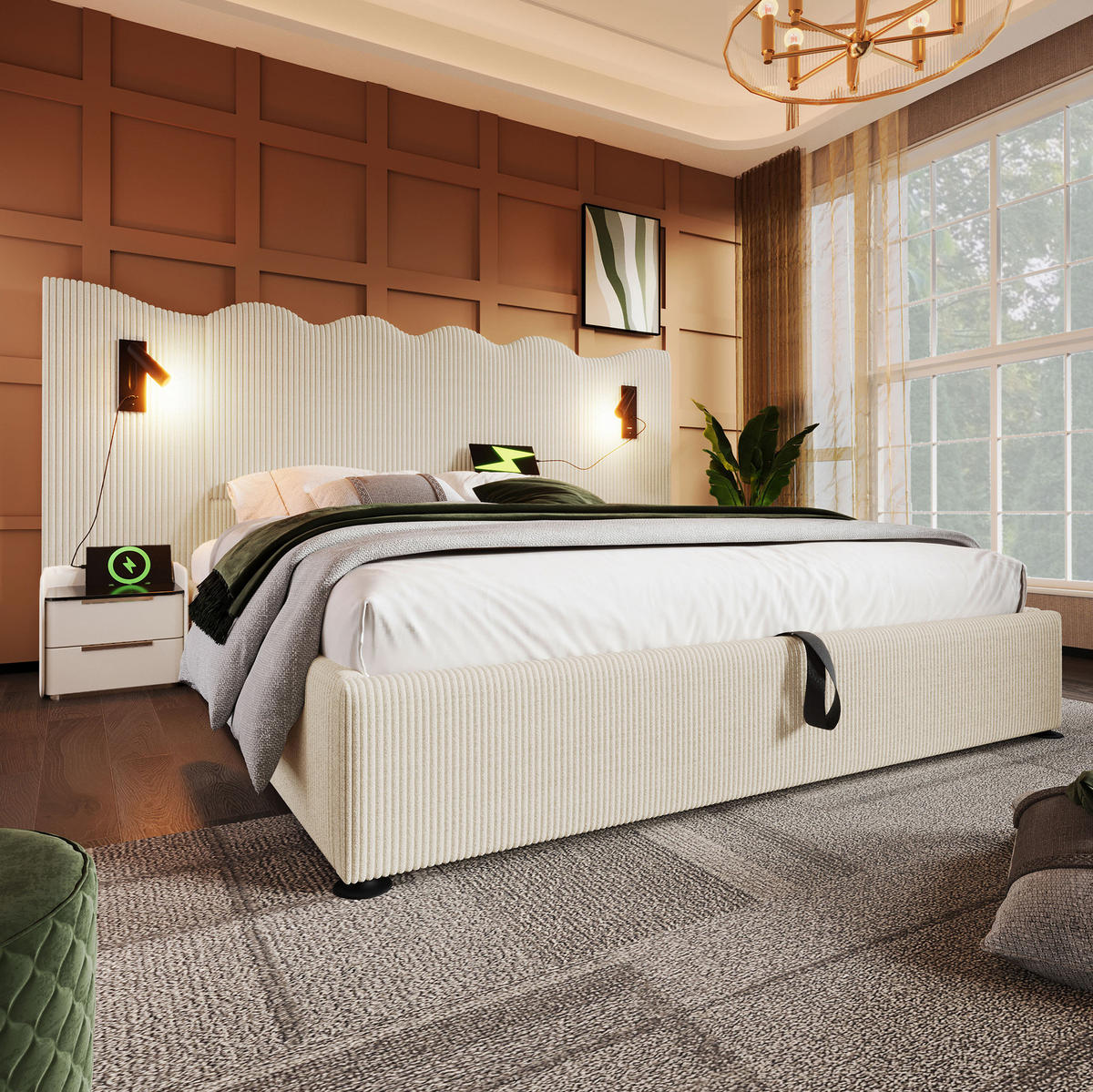 BETT mit Stauraum 180x200 cm Cord Beige-Weiß - Beige, Metall (180/200cm) - Meubliv