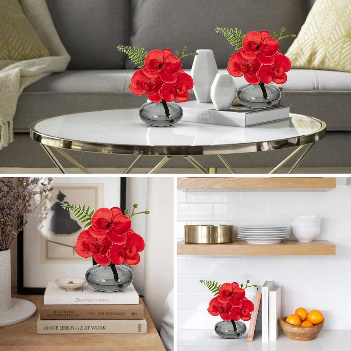 KUNSTBLUMEN 3er Set mit Glasvase Rot - Rot, Kunststoff (16cm)