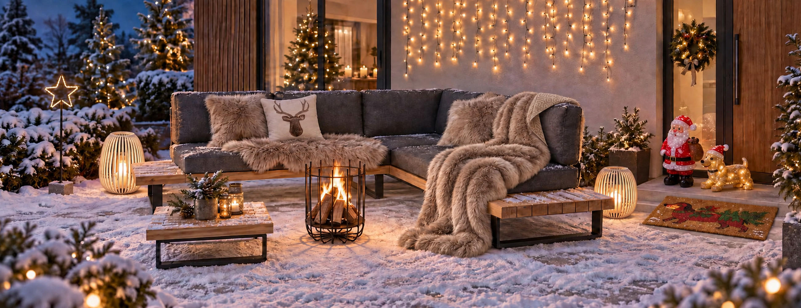 Juldekoration utomhus med snötäckt lounge, mörk hörnsoffa, sprakande eldstad, upplysta granar och julfigurer.