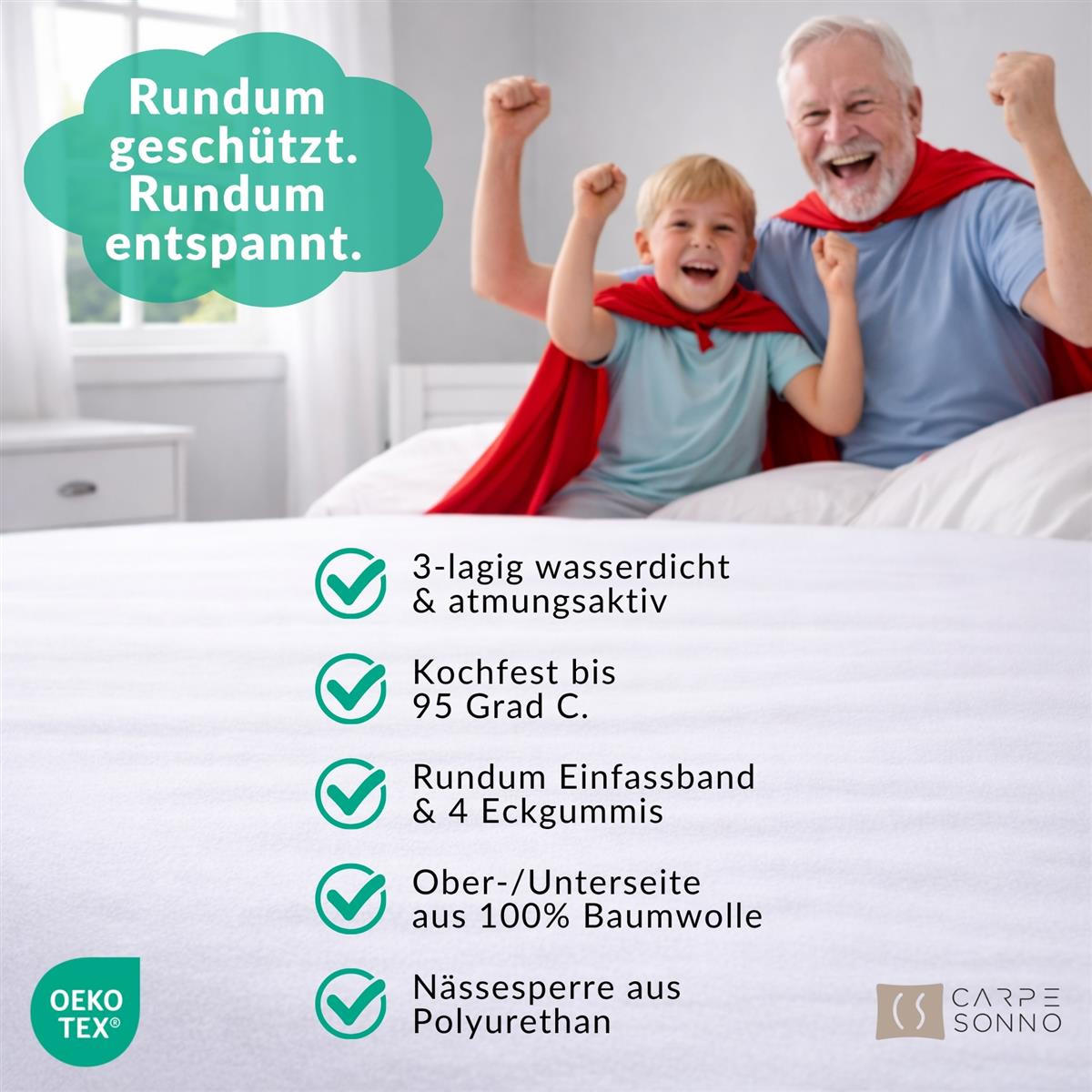 MOLTON-MATRATZENSCHONER 90x200 wasserdicht - Inkontinenz Matratzenschutz Auflage wasserfest - Matratzenauflage 90 x 200 cm Made in Germany - Weiß, Textil - Carpe Sonno