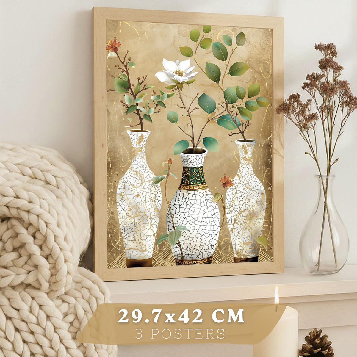 PLAKAT Sada 3 květinových potisků. Dekorativní nástěnné umění s klasickými květinami. Velikost Světlý dřevěný rám A3 - béžová, papír (29.7/42/3cm) - Nacnic