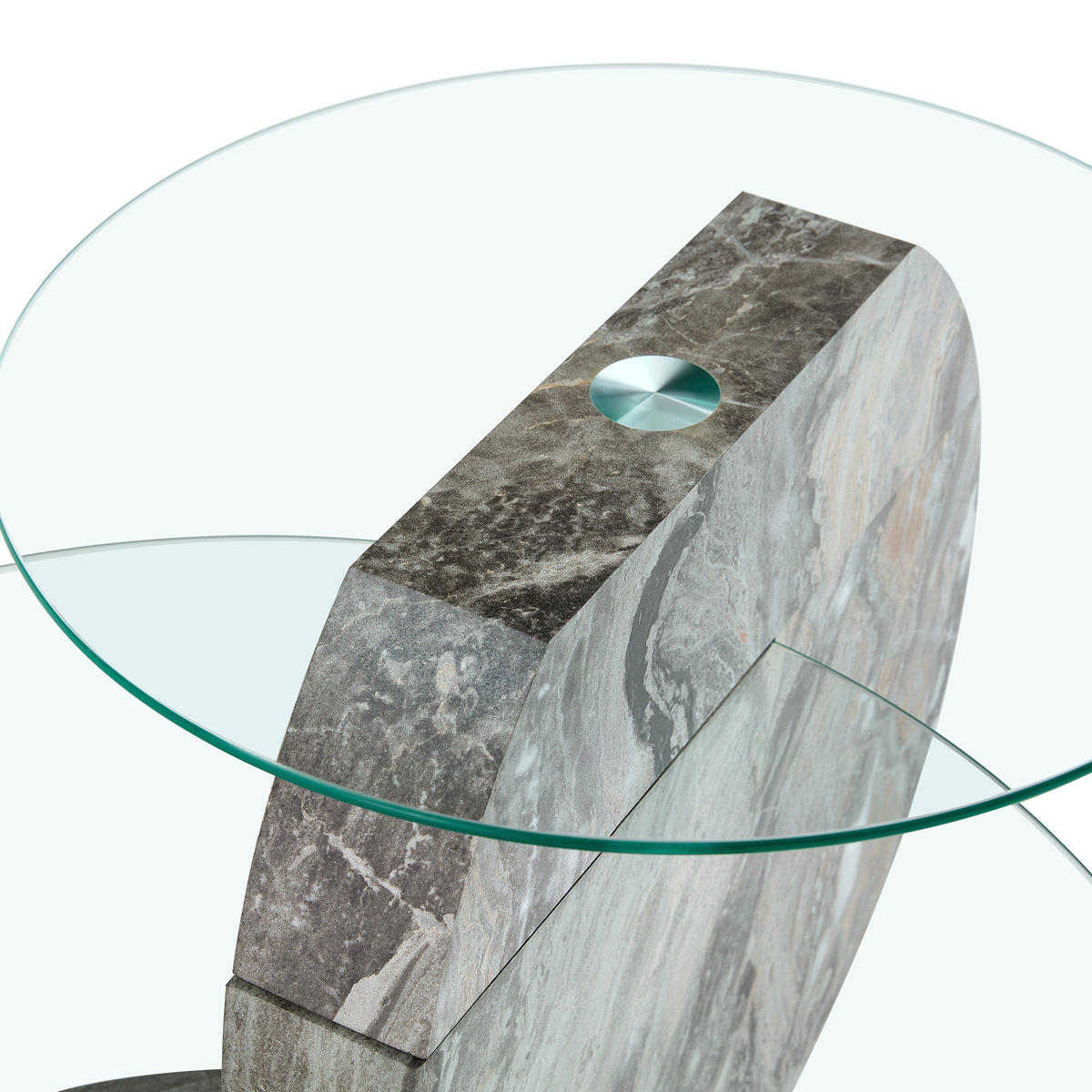 COUCHTISCH 90/70/44 cm mit 2 Ebenen und Sicherheitsglas, runder Wohnzimmertisch in Marmoroptik, Grau/Transparent - Transparent, Holzwerkstoff (90/70/44cm) - Redom