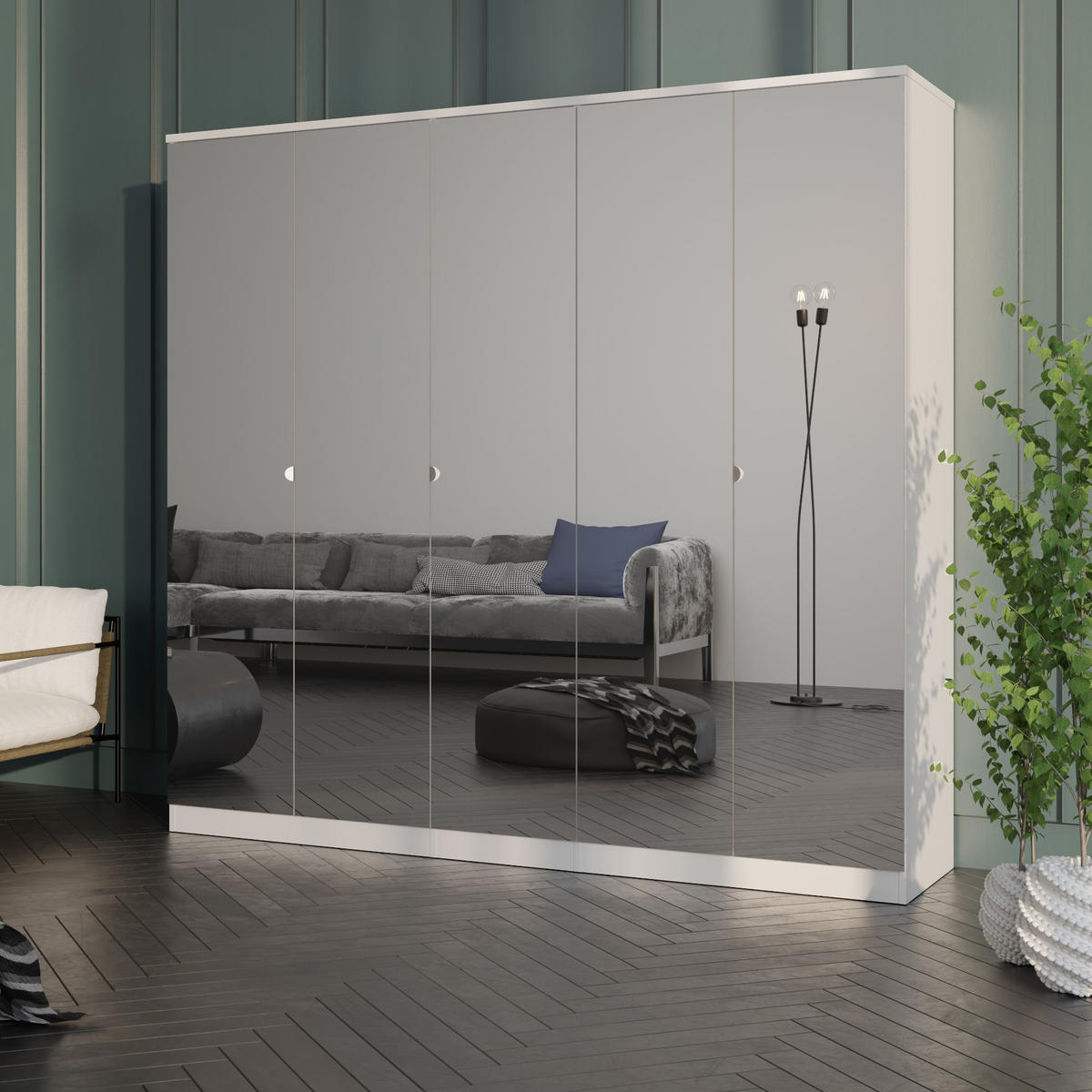 DREHTÜRENSCHRANK mit Spiegel Monza 5D 200 Weiß - Weiß/Grau, Holzwerkstoff/Metall (200/200/60cm) - mzm24