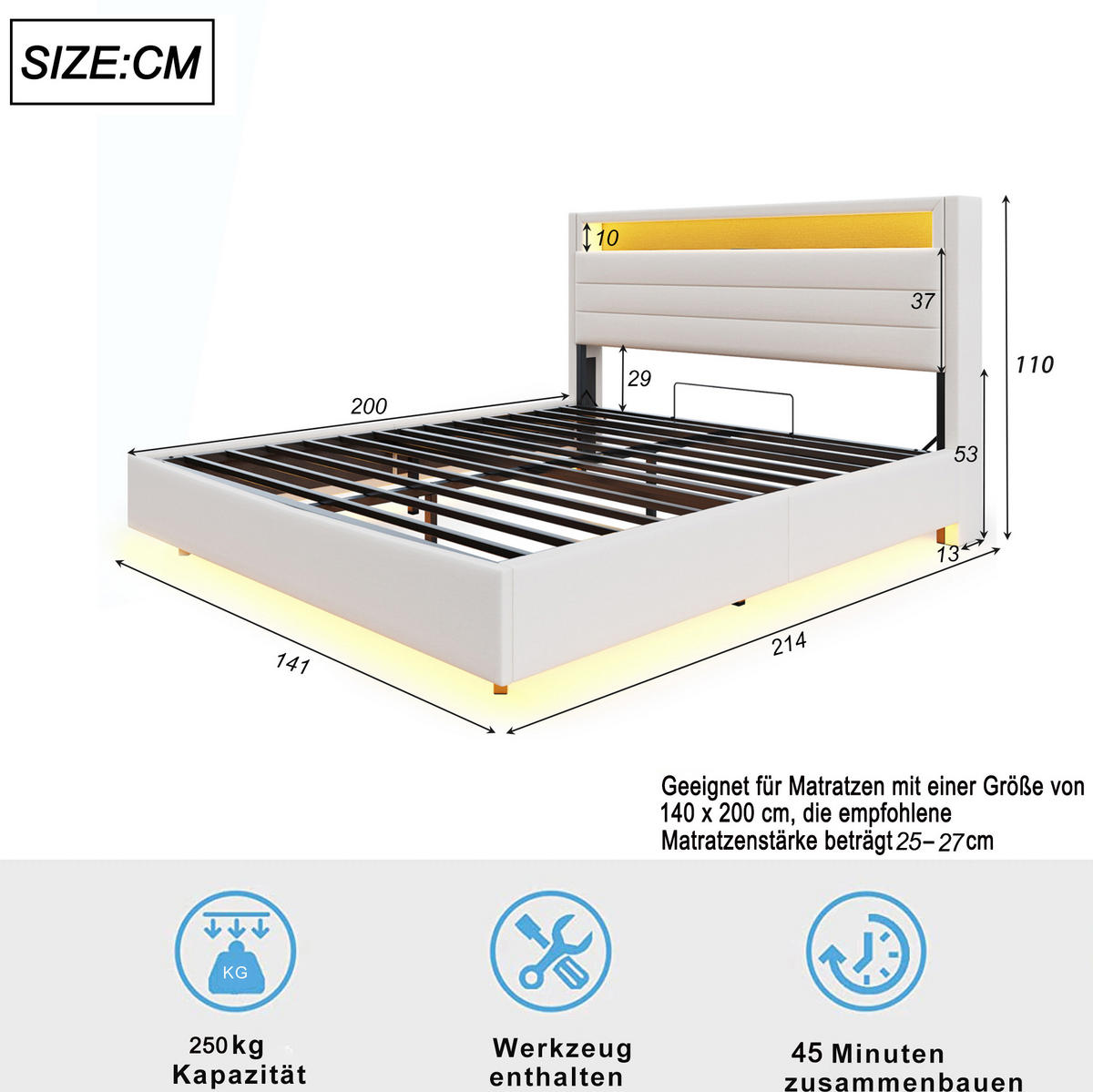 ČALOUNĚNÁ postel 140/200 cm z látky a kovu, béžová, s USB, LED a úložným prostorem - béžová, textil (140/200cm) - BEAOK