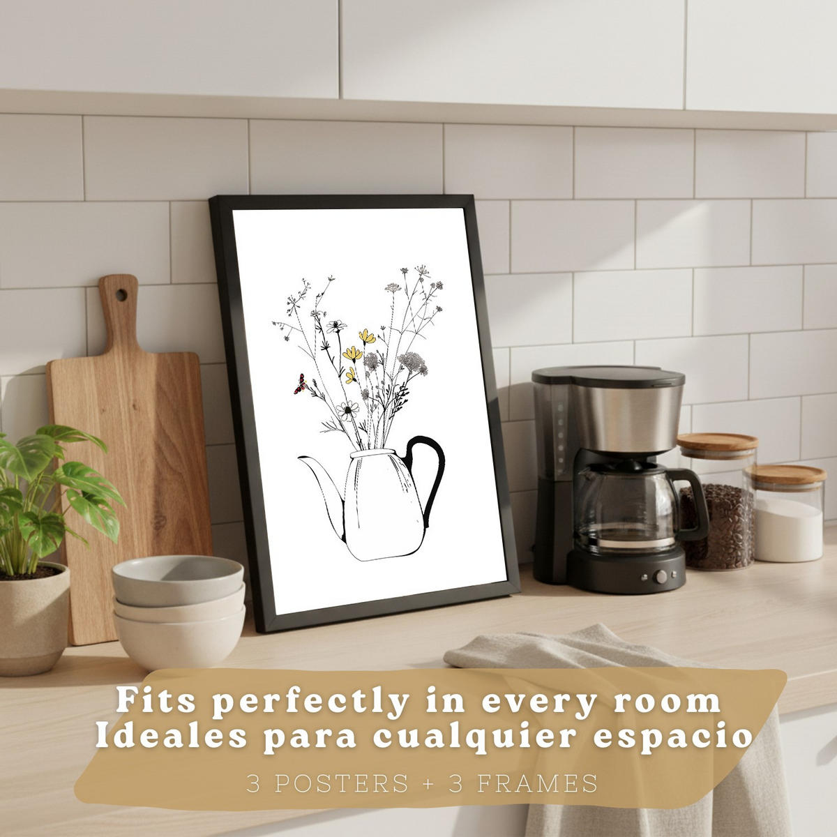 PLAKAT Sada 3 Kávovar a šálky A4 Černý rám - černá, papír (29.7/1/21cm) - Nacnic