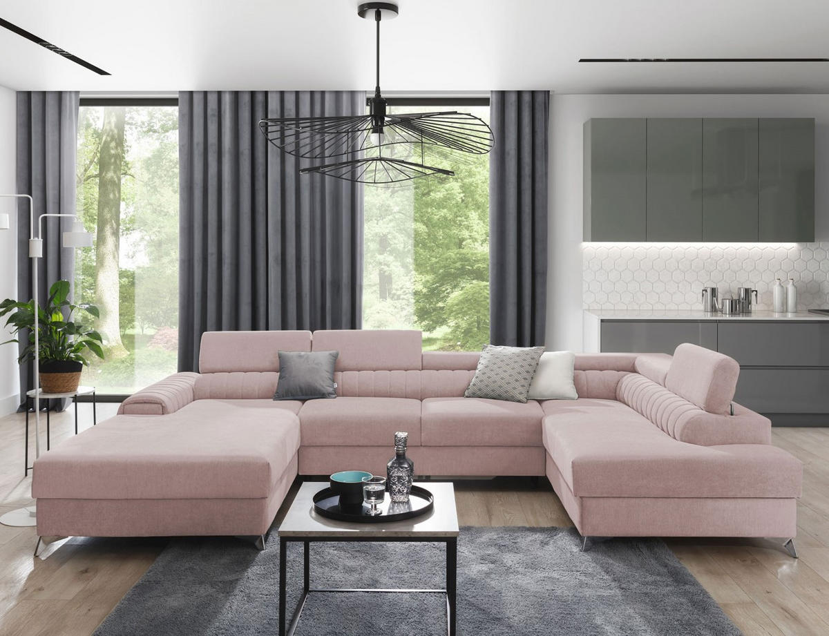 WOHNLANDSCHAFT mit Schlaffunktion und Bettkasten - Chromfarben/Rosa, Textil/Metall (354/92/202cm) - Eltap