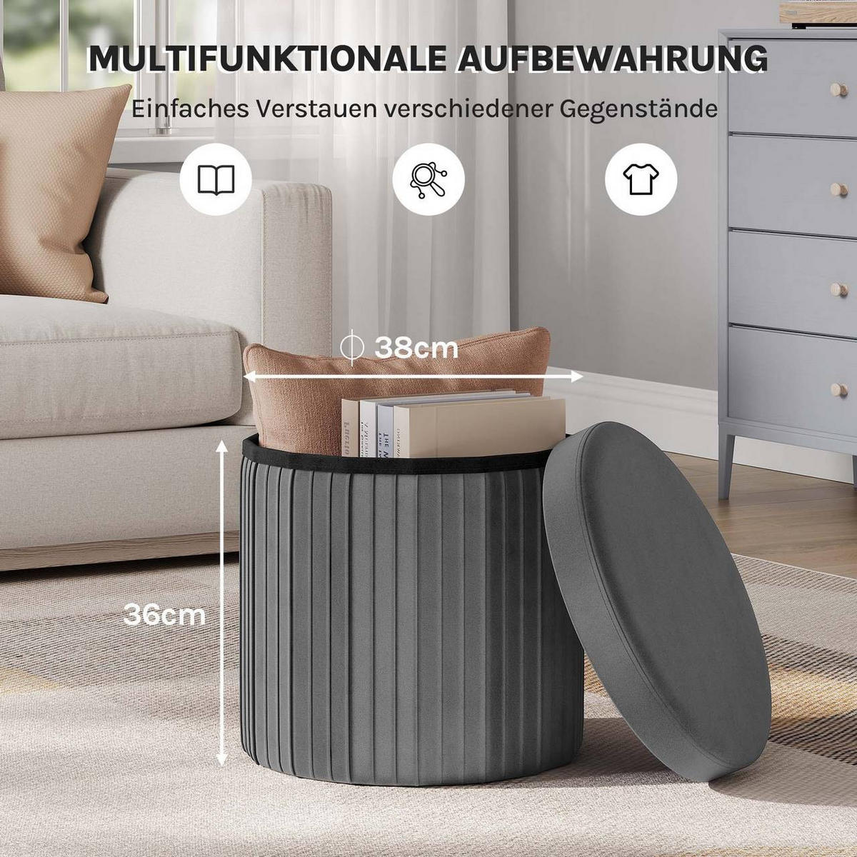 SITZHOCKER mit Deckel Stauraum, Dunkelgrau - Dunkelgrau, Textil (38/36/38cm) - Woltu