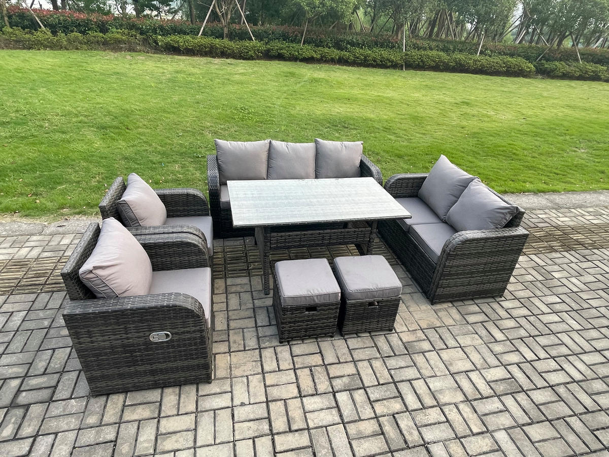 GARTENGARNITUR mit Liegestuhl,3-Sitzer Sofa,Zweisitzer,2 Hockern Polyrattan Dunkelgrau 9-Sitzer - Dunkelgrau/Grau, Glas/Kunststoff - Fimous
