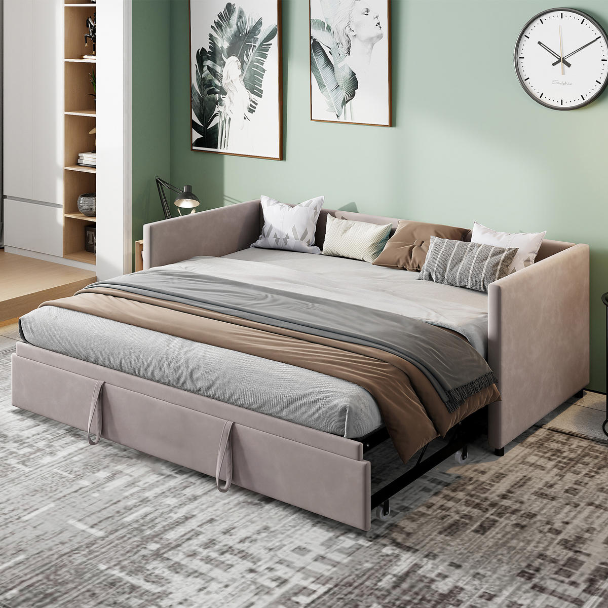 SCHLAFSOFA Samt grau ausziehbar mit Gästebett Funktion 3-fach umwandelbar Tagesbett mit Rollen - Grau, Metall (183/74/213cm) - Joyfair
